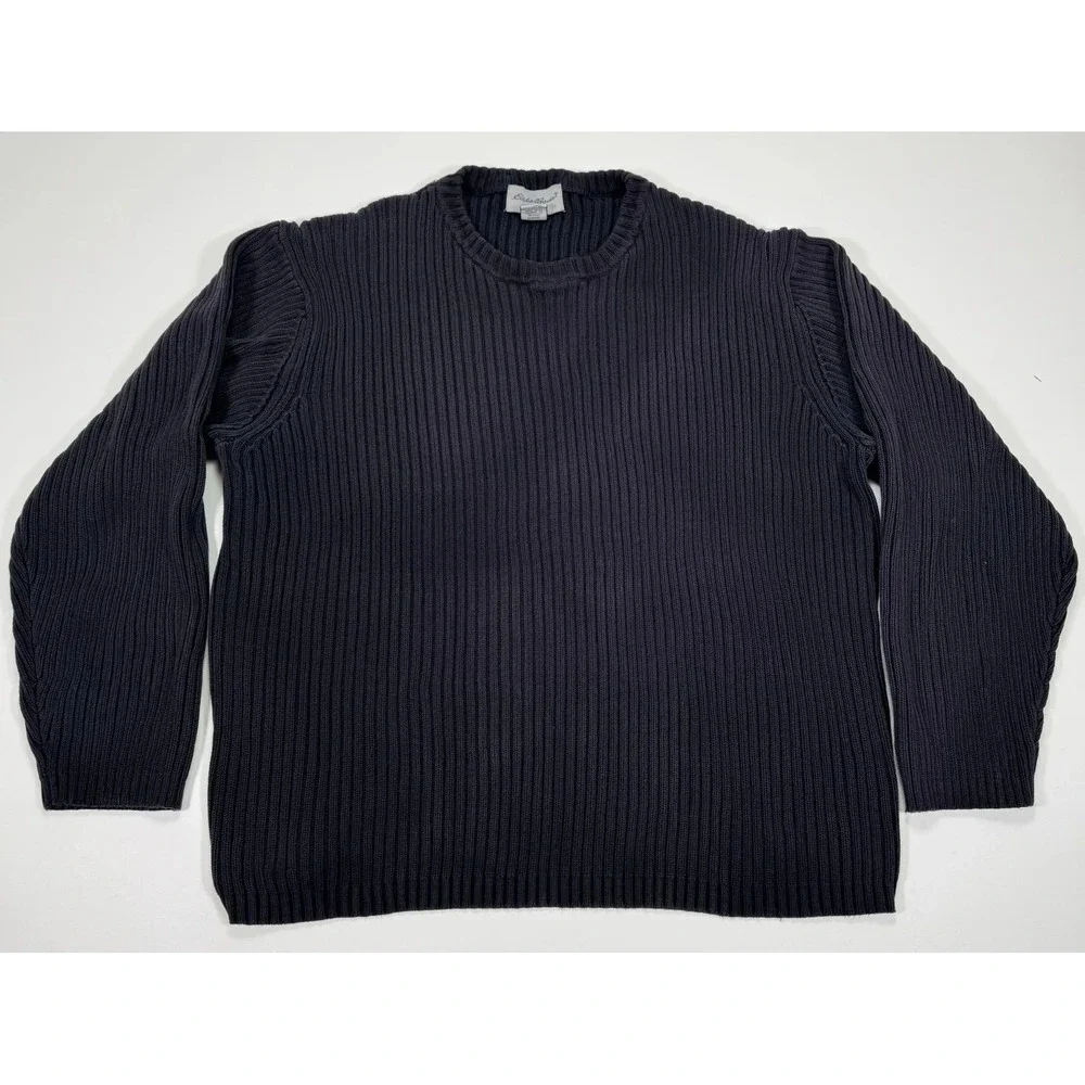 Eddie Bauer Sweater Ribbed Knit Mens L Charcoal Black Long Sleeve Pullover